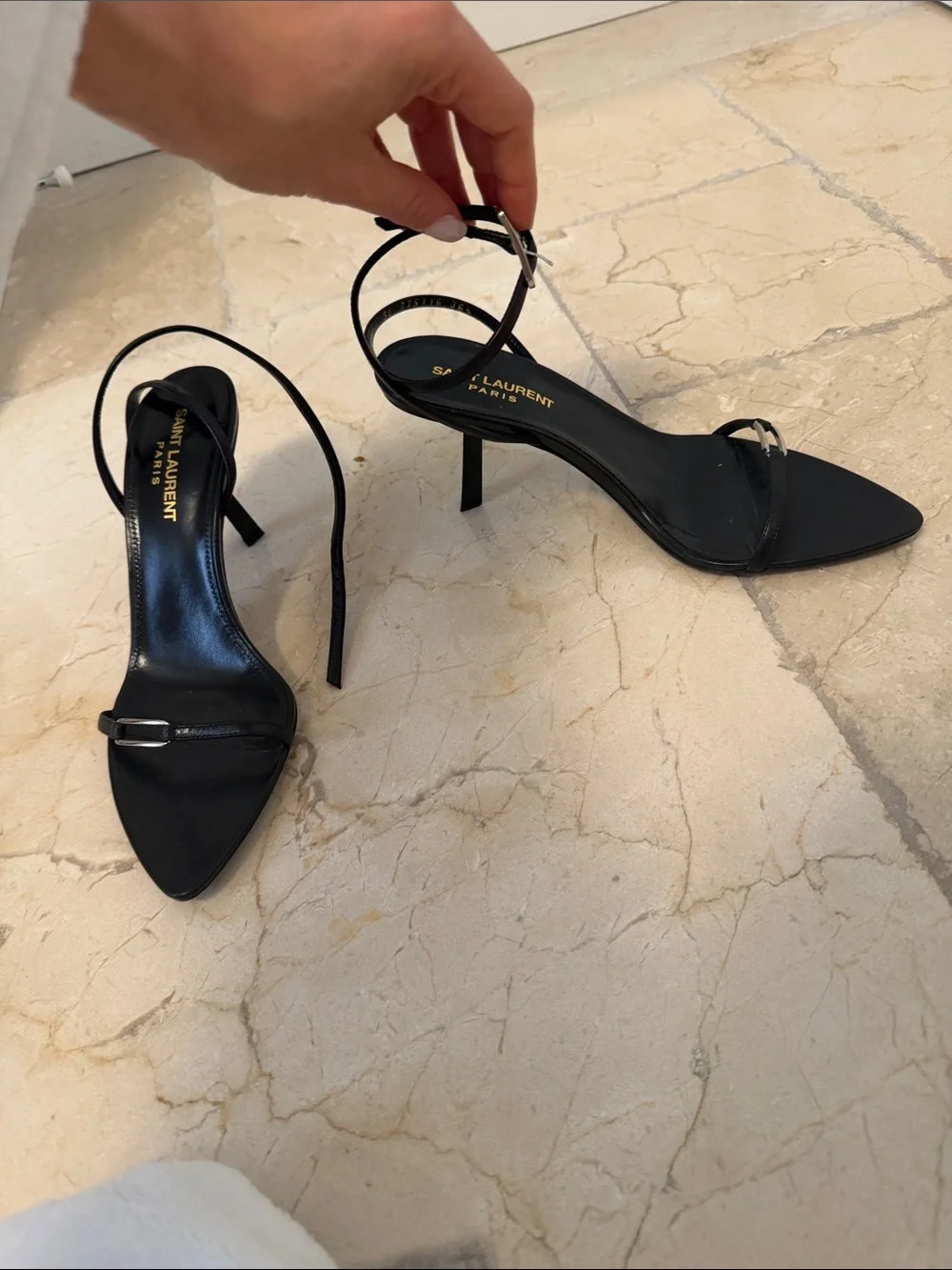 Saint Laurent Black Pointed Leather Ankle-Tie Heels - Picture 2 of 7